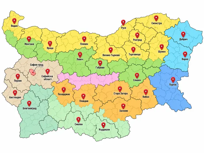 Карта на България с 28 области — мълниезащита в цялата страна
